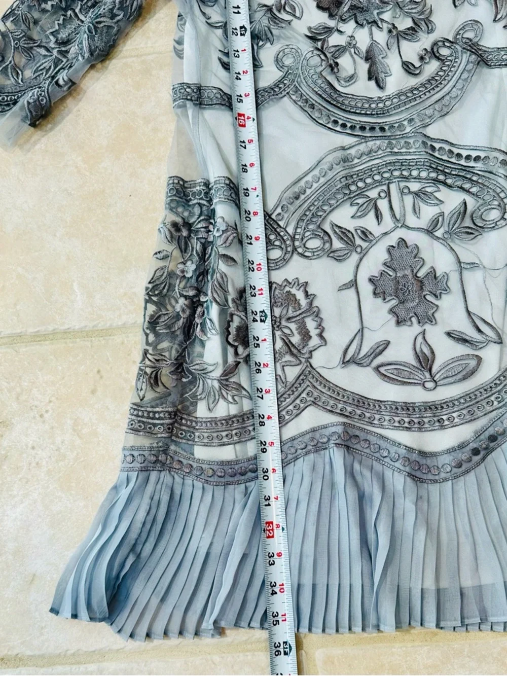 Silver Floral Embroidered Sheer Midi Dress satin Slip Sz S Ruffled Hem Wedding